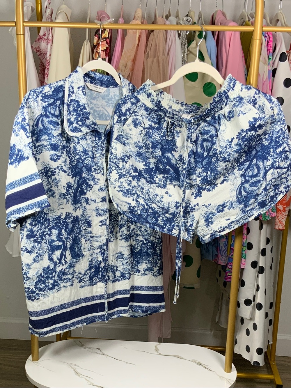 2 set Commense Blue and White Toile Button-Front Kids Shirt & Shorts Set